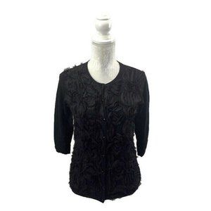 Faenza Black Button Up Cardigan w/ Chiffon Flowers Textured Floral 3/4 Sleeves S